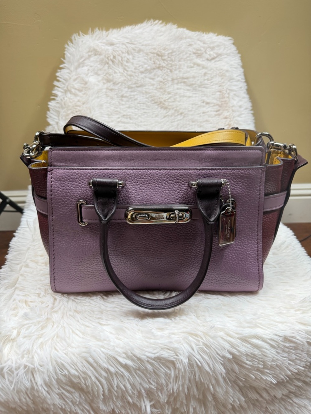 Coach Swagger 27 Lilac Pebbled Leather Satchel with Yellow Interior crossbody
